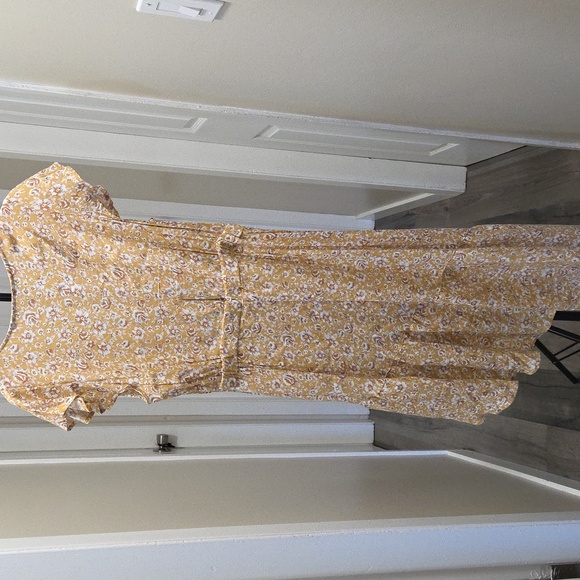 Anthropologie Kivari Yellow Floral Ruffle Faux Wrap Asymmetrical Midi Dress - Picture 6 of 8